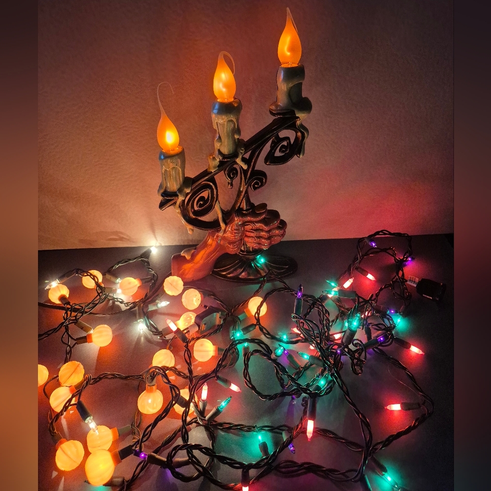 Vintage Halloween Spooky Illuminated Candelabra with Multicolor String Lights
